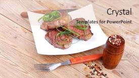  Presentation with beef meat soup stew - Amazing presentation having castor oil - roasted beef meat strips steak backdrop and a  colored foreground