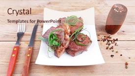  Presentation with beef meat soup stew - Slide deck consisting of castor oil - roasted beef meat strips steak background and a  colored foreground