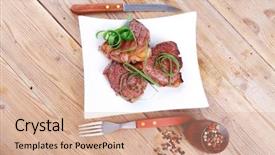  Presentation with meat beef - Presentation design with castor oil - roasted beef meat strips steak background and a  colored foreground