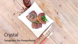  Presentation with meat beef - Presentation design consisting of castor oil - roasted beef meat strips steak background and a lemonade colored foreground