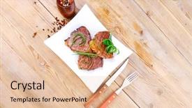  Presentation with beef steak bbq strip steak - PPT theme consisting of castor oil - roasted beef meat strips steak background and a  colored foreground