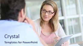  Presentation with business environment using laptops globe - Theme enhanced with casual - businesswoman in business meeting using background and a sky blue colored foreground