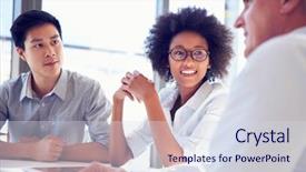  Presentation with working together - Slides consisting of casual - three business professionals working together background and a sky blue colored foreground