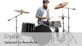  Presentation with drum - Cool new PPT layouts with casual-bearded-guy-mucician-playing backdrop and a light gray colored foreground