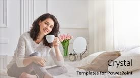  Presentation with bed - Slide set consisting of casual beautiful woman holding cup background and a mint green colored foreground
