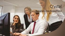  Presentation with business casual - Presentation consisting of casual boss showing something to his business team in the office background and a coral colored foreground