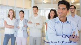  Presentation with business casual - Audience pleasing PPT theme consisting of casual boss smiling with arms crossed in front of business team in the office backdrop and a light blue colored foreground