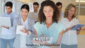  Presentation with taking notes - Audience pleasing theme consisting of casual boss standing in front of her team all taking notes in the office backdrop and a light blue colored foreground