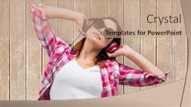  Presentation with music maker - Audience pleasing PPT theme consisting of casual brunette listening to music against wooden planks backdrop and a coral colored foreground