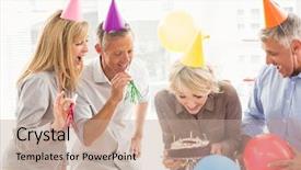  Presentation with business people moving gear - PPT layouts consisting of casual business people celebrating birthday background and a  colored foreground