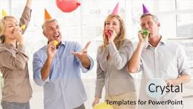  Presentation with double exposure of business people - Beautiful PPT theme featuring casual business people celebrating birthday backdrop and a soft green colored foreground