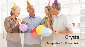  Presentation with business casual - Colorful presentation design enhanced with casual business people celebrating birthday backdrop and a  colored foreground