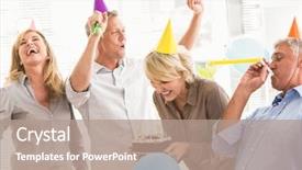  Presentation with business casual - Slide set having casual business people celebrating birthday background and a coral colored foreground