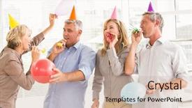  Presentation with double exposure of business people - Slides enhanced with casual business people celebrating birthday background and a soft green colored foreground