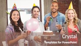  Presentation with business casual - Colorful theme enhanced with casual business people celebrating backdrop and a coral colored foreground