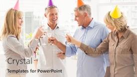  Presentation with business casual - Colorful PPT layouts enhanced with casual business people making birthday toasts in the office backdrop and a soft green colored foreground