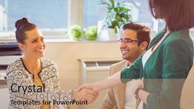  Presentation with business partner people joining hand - Slide set enhanced with casual business people shaking hands background and a coral colored foreground