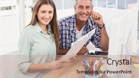  Presentation with business casual - PPT theme having casual business people working on computer in the office background and a coral colored foreground