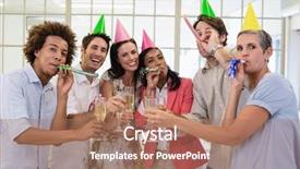  Presentation with team party - Cool new slides with casual business team celebrating with champagne and party horns in the office backdrop and a coral colored foreground