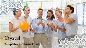  Presentation with team party - PPT layouts having casual business team celebrating with champagne and party poppers against snow background and a coral colored foreground