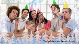  Presentation with team party - Theme consisting of casual business team celebrating with champagne and party horns against snow background and a coral colored foreground