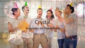  Presentation with business casual - Amazing PPT theme having casual business team celebrating with champagne and party poppers against colourful fireworks exploding on black background backdrop and a coral colored foreground