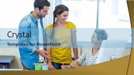  Presentation with business casual - Presentation design featuring casual business team having meeting in the office background and a light blue colored foreground