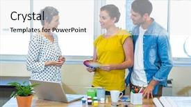  Presentation with business casual - Audience pleasing PPT layouts consisting of casual business team having meeting in the office backdrop and a white colored foreground