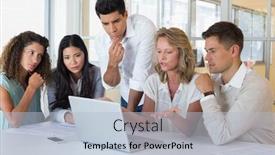  Presentation with business casual - PPT layouts having casual business team having a meeting using laptop in the office background and a light blue colored foreground