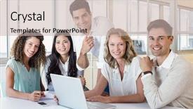  Presentation with business casual - Colorful PPT theme enhanced with casual business team having a meeting using laptop in the office backdrop and a soft green colored foreground