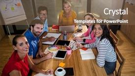  Presentation with business casual - PPT theme enhanced with casual business team having a meeting in the office background and a violet colored foreground