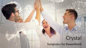  Presentation with business casual - PPT layouts enhanced with casual business team high fiving background and a soft green colored foreground
