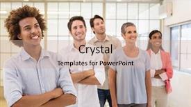  Presentation with business casual - Slides consisting of casual business team looking up in the office background and a coral colored foreground