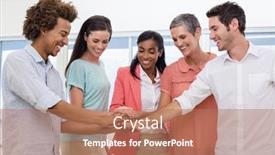  Presentation with business casual - PPT theme consisting of casual business team putting hands together in the office background and a coral colored foreground