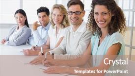  Presentation with business casual - Slide deck having casual business team smiling at camera sitting at desk in the office background and a coral colored foreground