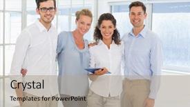  Presentation with business casual - Audience pleasing presentation theme consisting of casual business team smiling at camera in the office backdrop and a mint green colored foreground