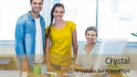  Presentation with business casual - Presentation design enhanced with casual business team smiling at camera during meeting in the office background and a gold colored foreground