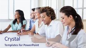  Presentation with business casual - Theme consisting of casual business team taking notes in meeting in the office background and a sky blue colored foreground