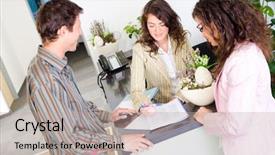 Presentation with team working together - PPT theme consisting of casual business team working together at office reception looking at documents talking background and a light gray colored foreground