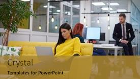  Presentation with coworking - Audience pleasing PPT layouts consisting of casual-business-woman-at-work backdrop and a gold colored foreground