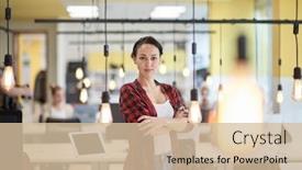  Presentation with coworking - Slide deck enhanced with casual-business-woman-at-work background and a soft green colored foreground