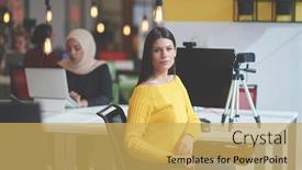  Presentation with coworking - Cool new theme with casual-business-woman-at-work backdrop and a yellow colored foreground