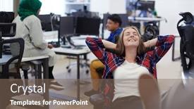  Presentation with business casual - Audience pleasing presentation design consisting of casual-business-woman-taking backdrop and a violet colored foreground