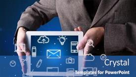  Presentation with multimedia - Amazing presentation design having casual businessman holding tablet with multimedia icons backdrop and a teal colored foreground