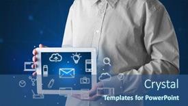  Presentation with multimedia - Audience pleasing slide set consisting of casual businessman holding tablet with multimedia icons backdrop and a ocean colored foreground