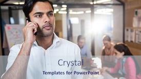  Presentation with phone meeting - PPT theme consisting of casual businessman making a phone call during a meeting background and a sky blue colored foreground