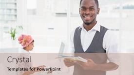  Presentation with notebook - Cool new presentation design with casual businessman smiling and holding notebook with colleague behind him backdrop and a coral colored foreground