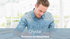  Presentation with desk - Presentation design consisting of casual businessman studying at his desk in his office background and a light blue colored foreground