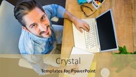  Presentation with taking notes - Theme enhanced with casual businessman taking notes in his notepad and smiling at camera in the office background and a yellow colored foreground