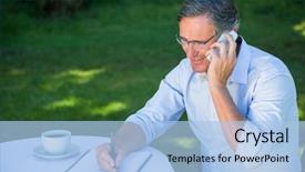  Presentation with taking notes - Slide deck consisting of casual businessman taking notes and having a phone call sitting on a terrace background and a light blue colored foreground